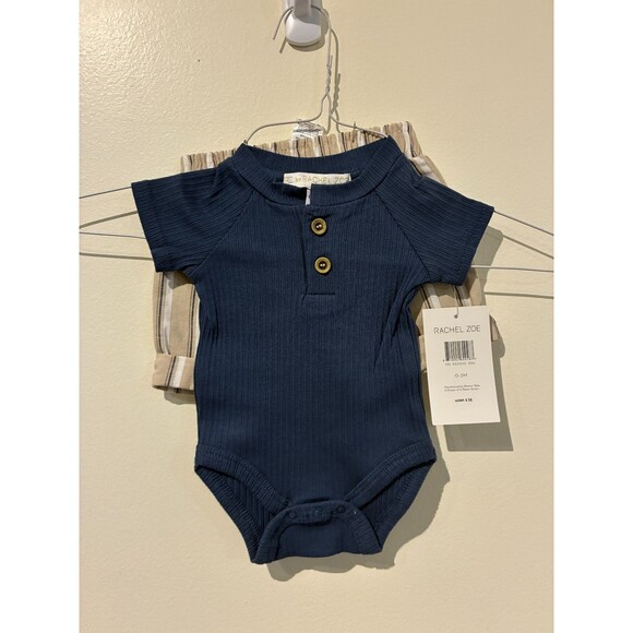 NWT Rachel Zoe Blue & Tan Bodysuit & Shorts Outfit - 0-3M - Picture 1 of 3